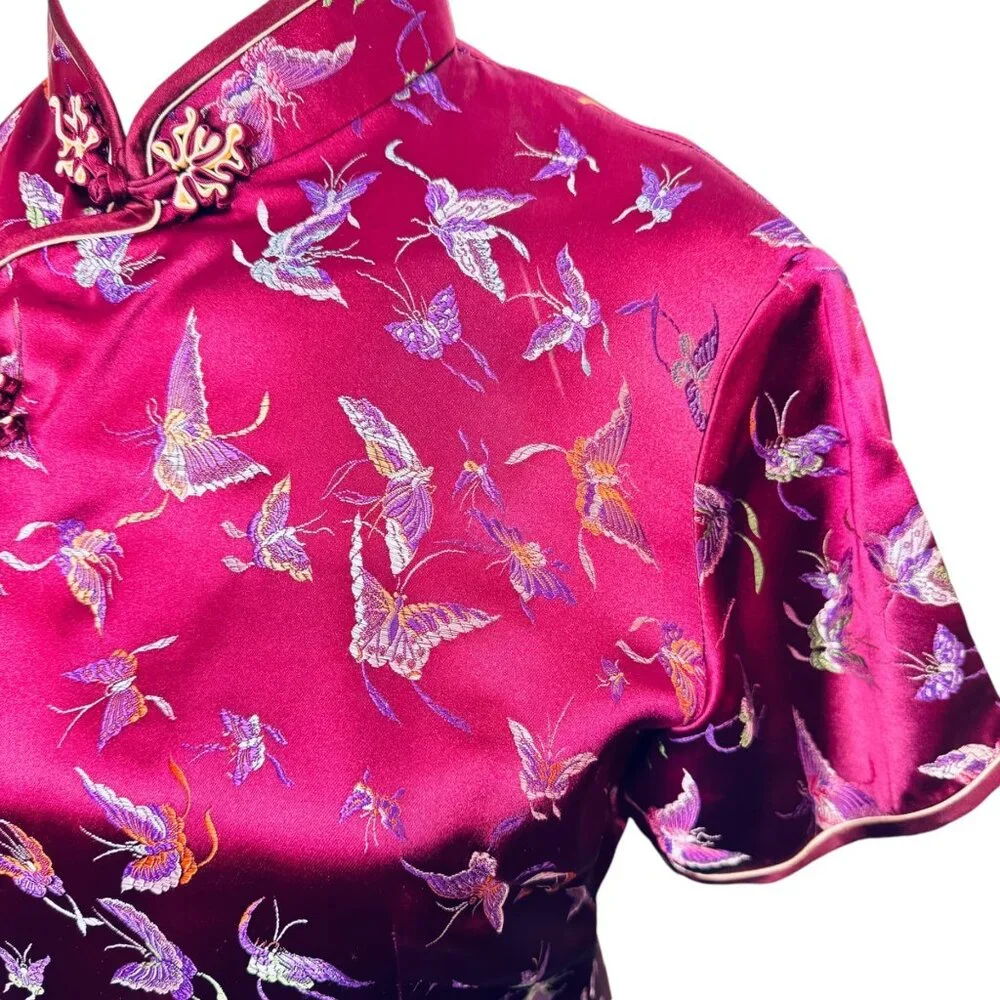 Vintage Satin Cheongsam Dress Short Sleeve Knee Length Butterfly Print - Picture 7 of 8